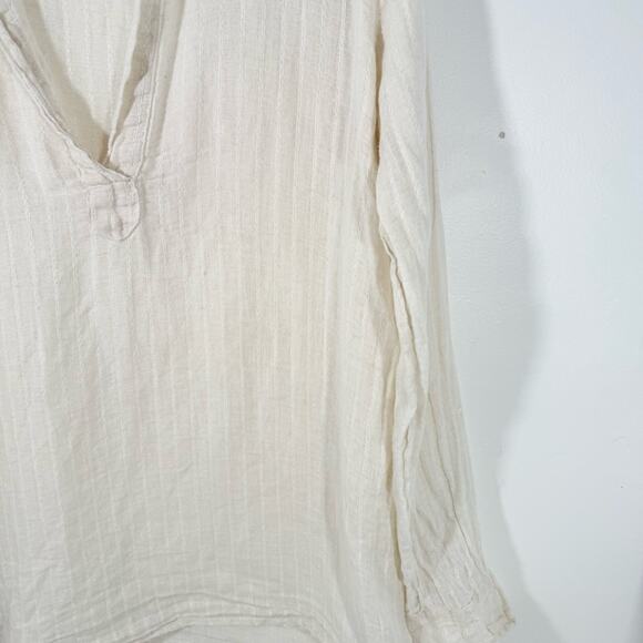 CP Shades Tan 100% Linen Stripe Long Sleeve Lagenlook V Neck Tunic Top Medium - Picture 4 of 15